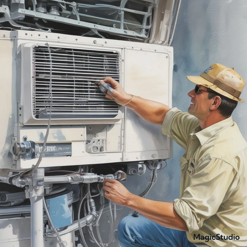 "A technician tightening mounting bolts on a Dometic RV air conditioner to ensure the gasket is properly secured and water leakage is avoided."