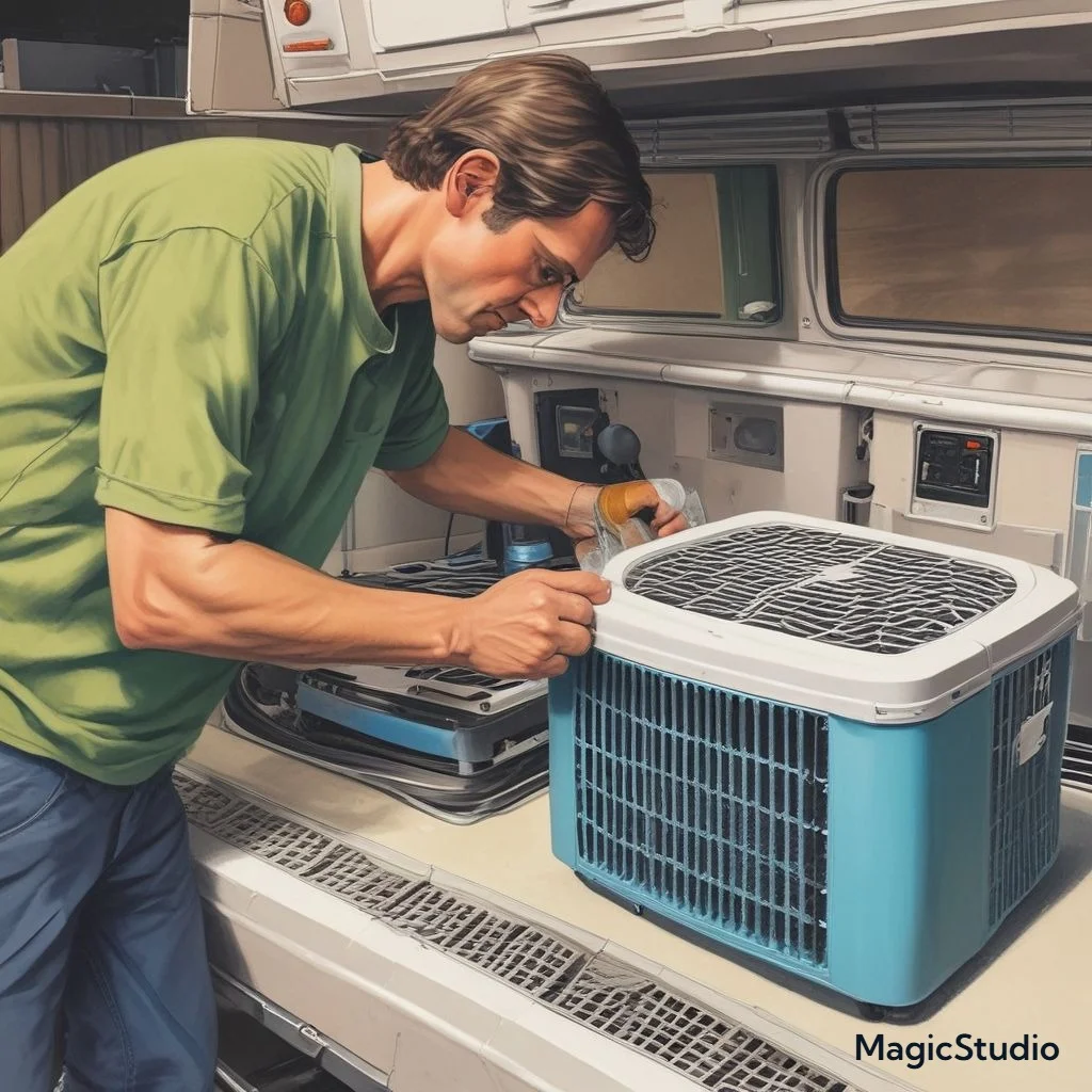 "An RV owner washing a reusable air filter from a Dometic air conditioner with soap and water, preparing it for reinstallation."