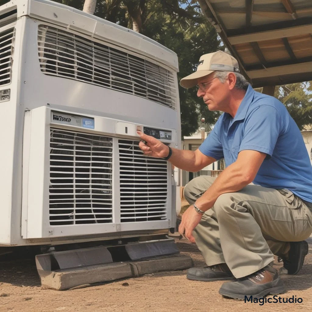 "An RV owner inspecting and cleaning a dirty air filter from a Dometic air conditioner to restore proper cooling performance."