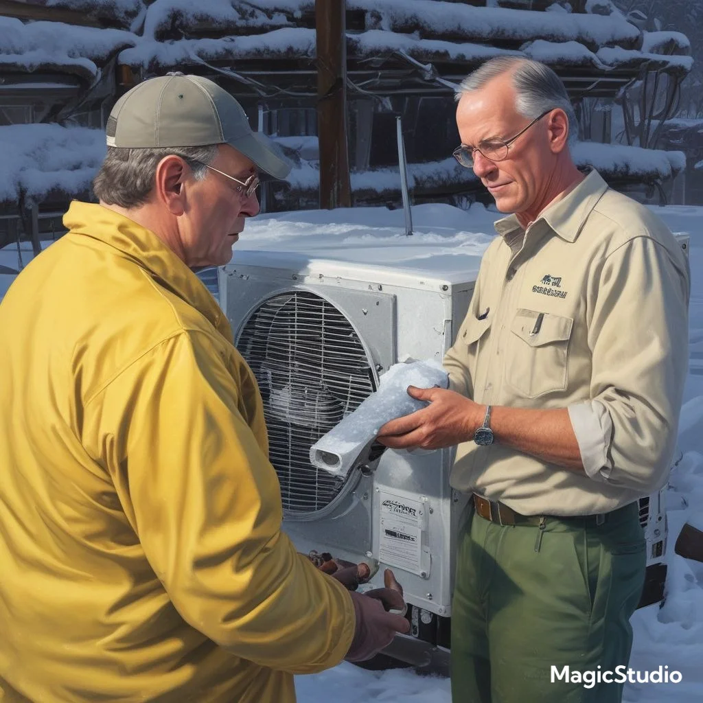 "An RV technician addressing ice buildup on a frozen Dometic air conditioner coil, ensuring optimal performance."