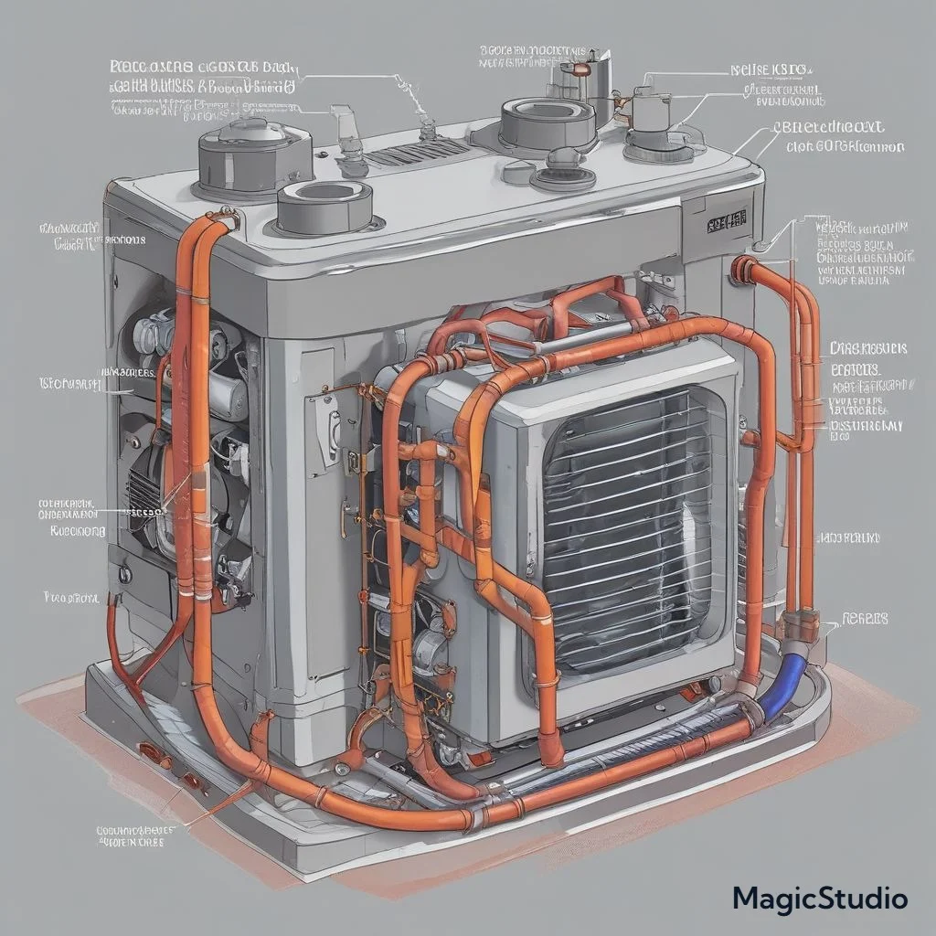 A split-system air conditioner with labeled components, including the evaporator coil, condenser coil, and refrigerant lines, showing the heat removal process.