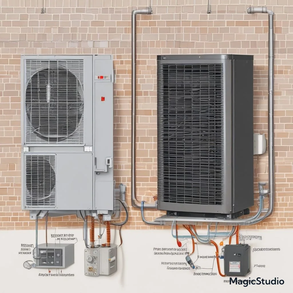 A side-by-side comparison of an air conditioner and a heat pump, highlighting their shared components (e.g., evaporator, condenser) and their key differences in functionality.