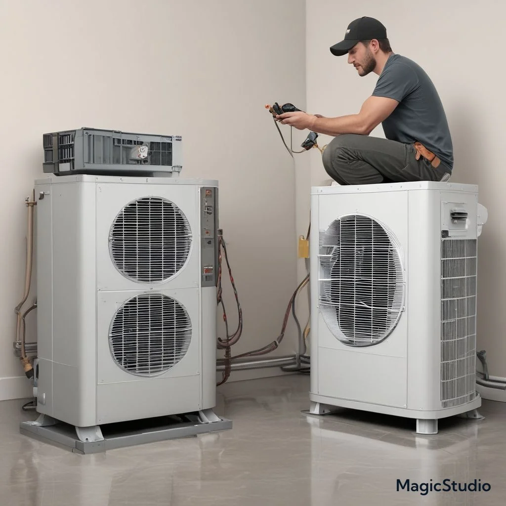 A visual of installation scenarios, with a technician setting up a heat pump on one side and an air conditioner on the other, labeled with average installation costs.