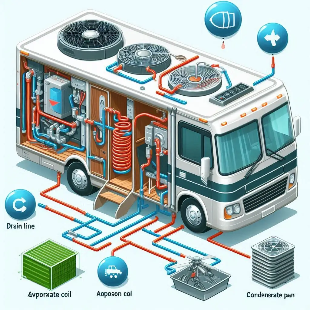 An image illustrating a diagram of an RV air conditioning unit with labeled components like the drain line, evaporator coil, and condensate pan, highlighting potential problem areas.