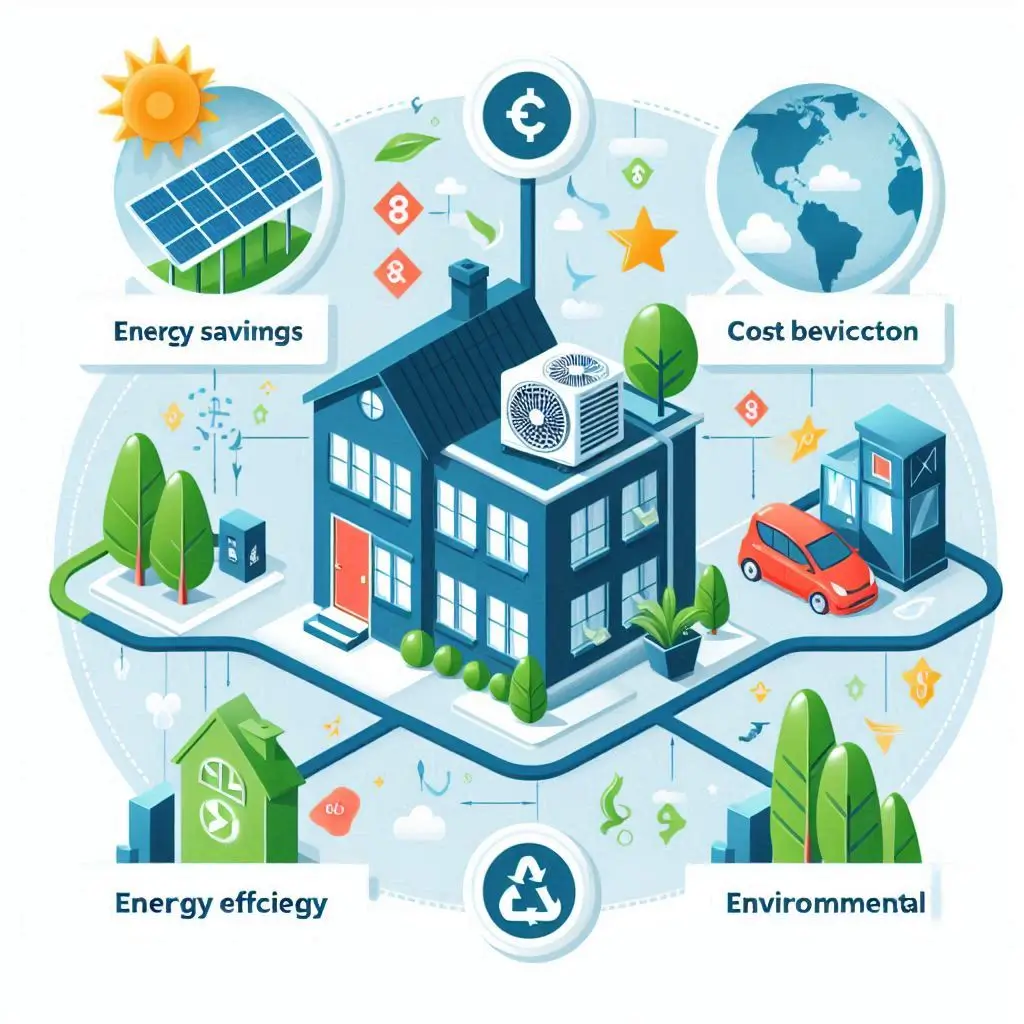 A diagram showcasing the interconnection between energy savings, cost benefits, and environmental impact from upgrading to an energy-efficient air conditioner.