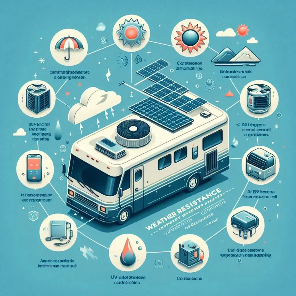 An infographic detailing the weather resistance features of various rooftop RV air conditioners, illustrating elements like UV protection and corrosion resistance, along with a list of ideal maintenance practices.