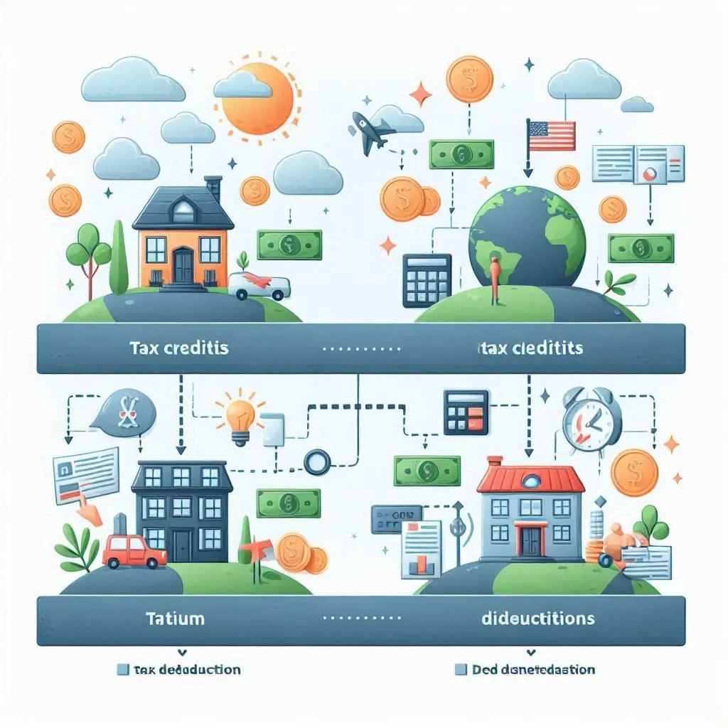 An infographic illustrating the difference between tax credits and tax deductions with examples of each.