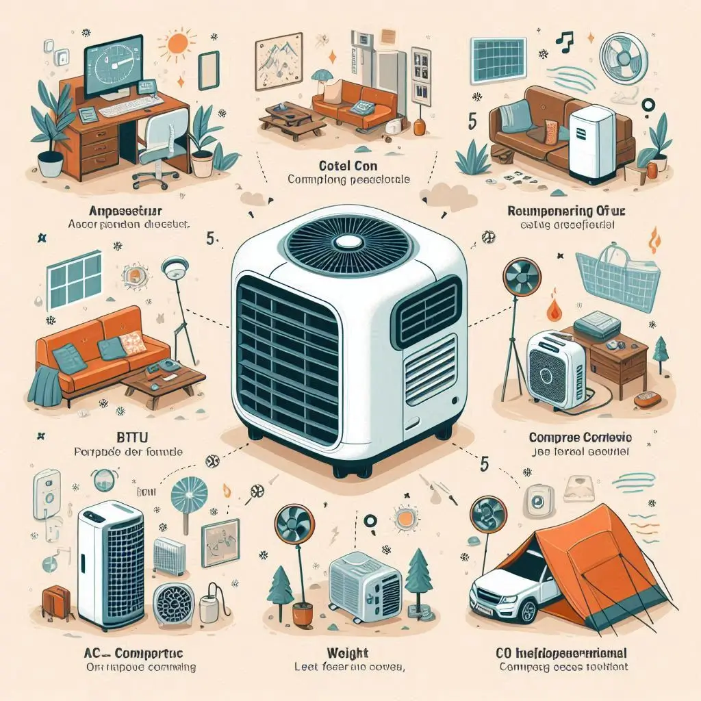 An infographic comparing the key features of popular small portable air conditioners for camping, including BTU, weight, and power source options.