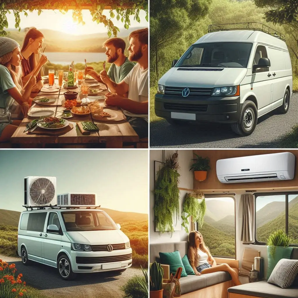"A collage of images showing various van life scenarios: a group of van lifers enjoying a meal outside their van, an air conditioning unit installed on a van roof, and a van interior with a climate control system, illustrating the lifestyle and comfort of van living."