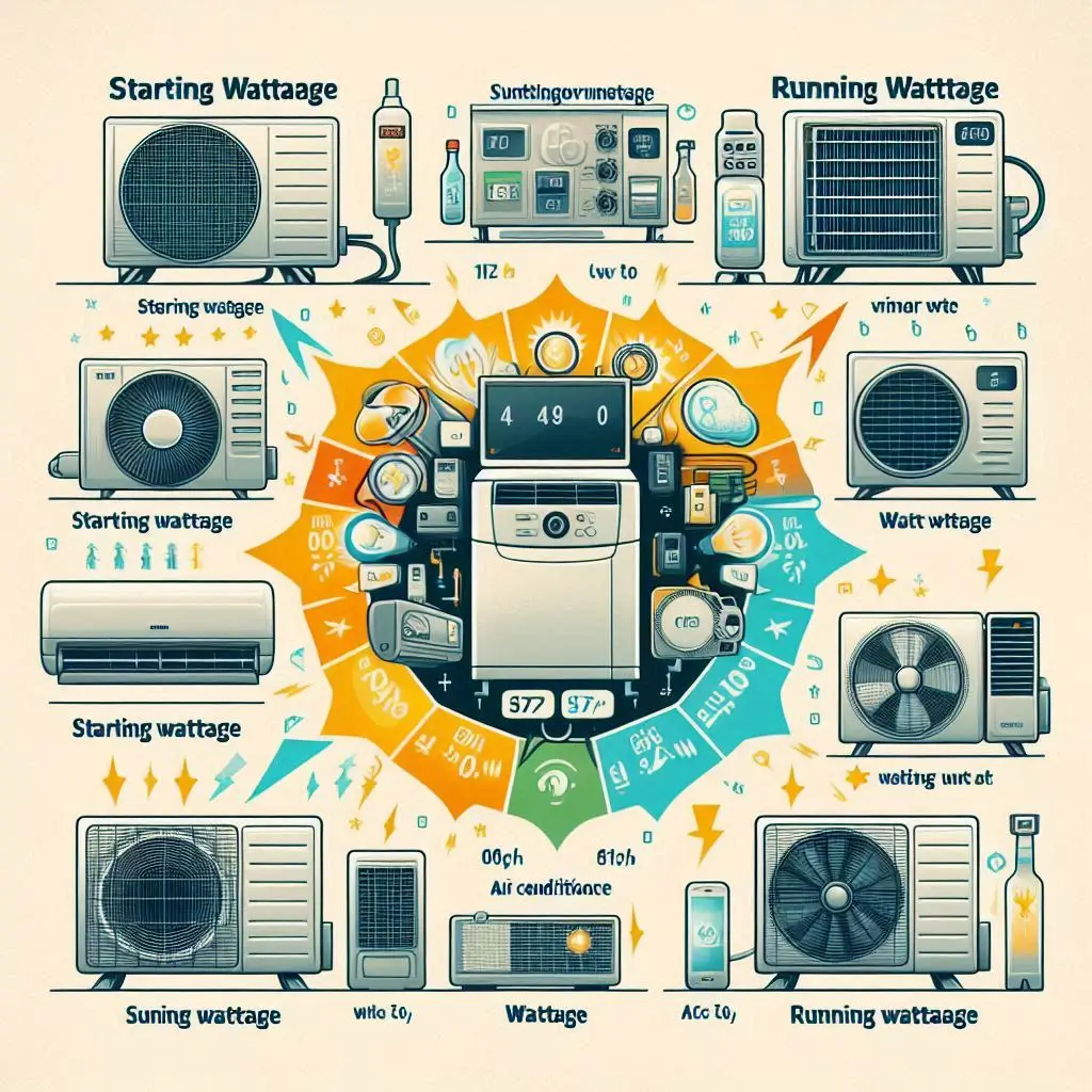 A diagram illustrating the difference between starting wattage and running wattage for air conditioners, with labels and examples of different AC units.