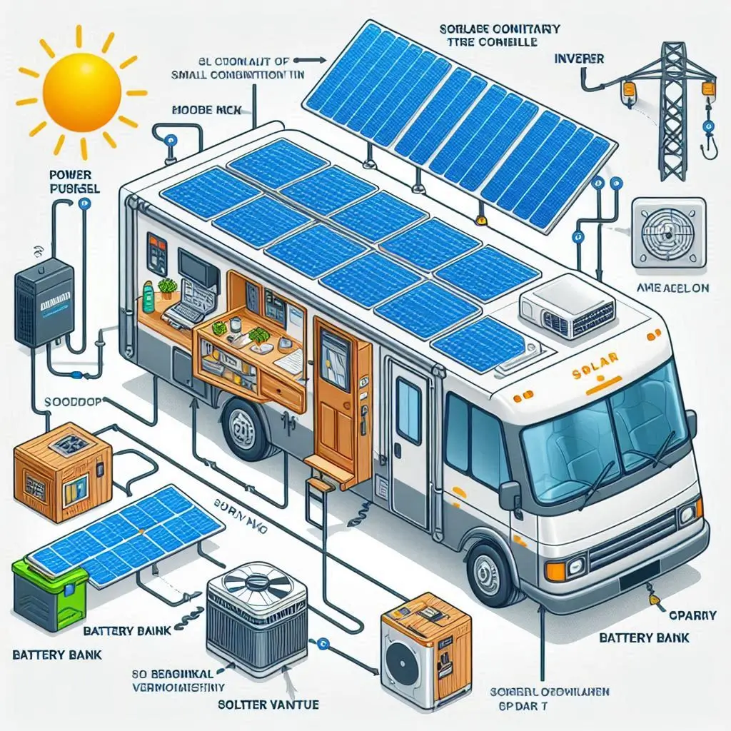 A labeled diagram showing an RV solar setup powering a small air conditioner, including solar panels, battery bank, and inverter.