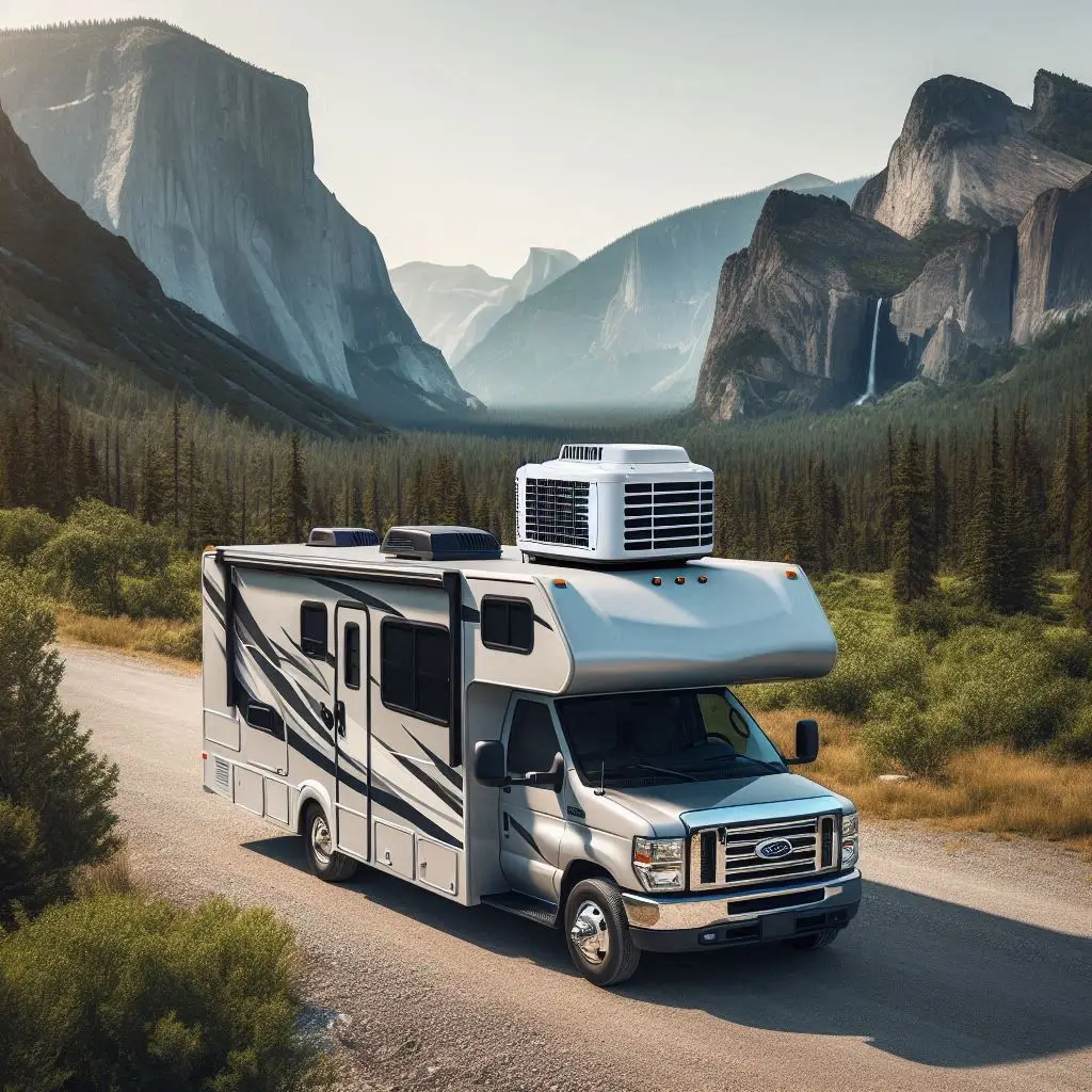 An RV parked in a scenic outdoor location with a focus on its rooftop air conditioning unit. The image should show the compact size of the AC unit in relation to the RV, emphasizing its sleek design.