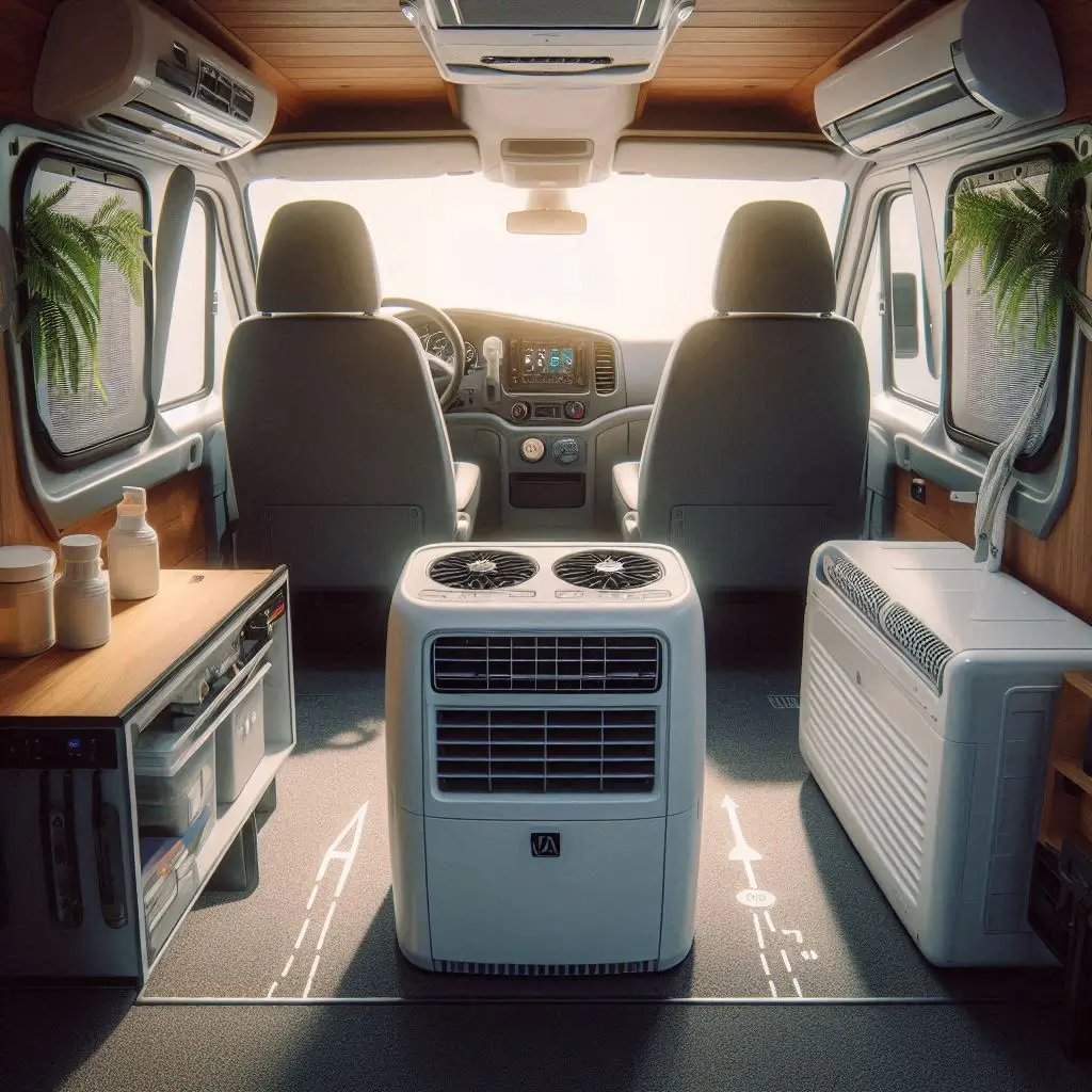 "A portable air conditioner set up inside a van, showcasing its ease of use and flexibility, with a focus on the cooling capabilities in a compact space."