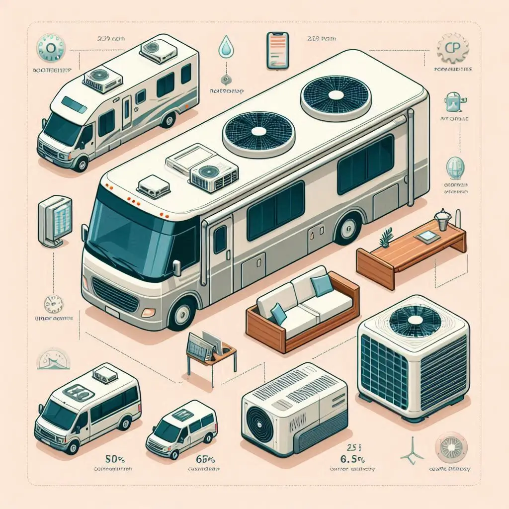 A comparison chart of different types of RV air conditioners, including rooftop, portable, and under-bench models, highlighting their size, power consumption, and cooling efficiency. The design should be clean and visually engaging.