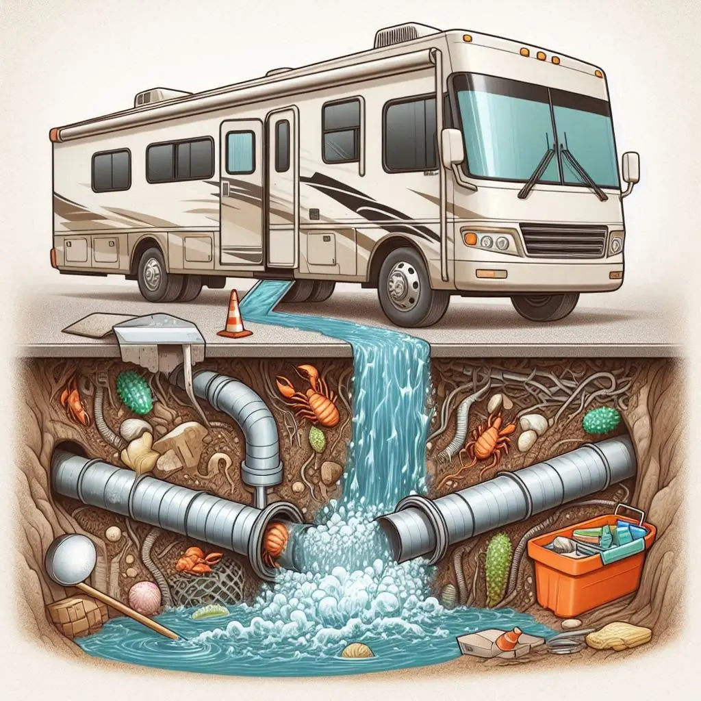 An illustration showing a clogged drain line with debris, and a visual representation of how water backs up into the RV.