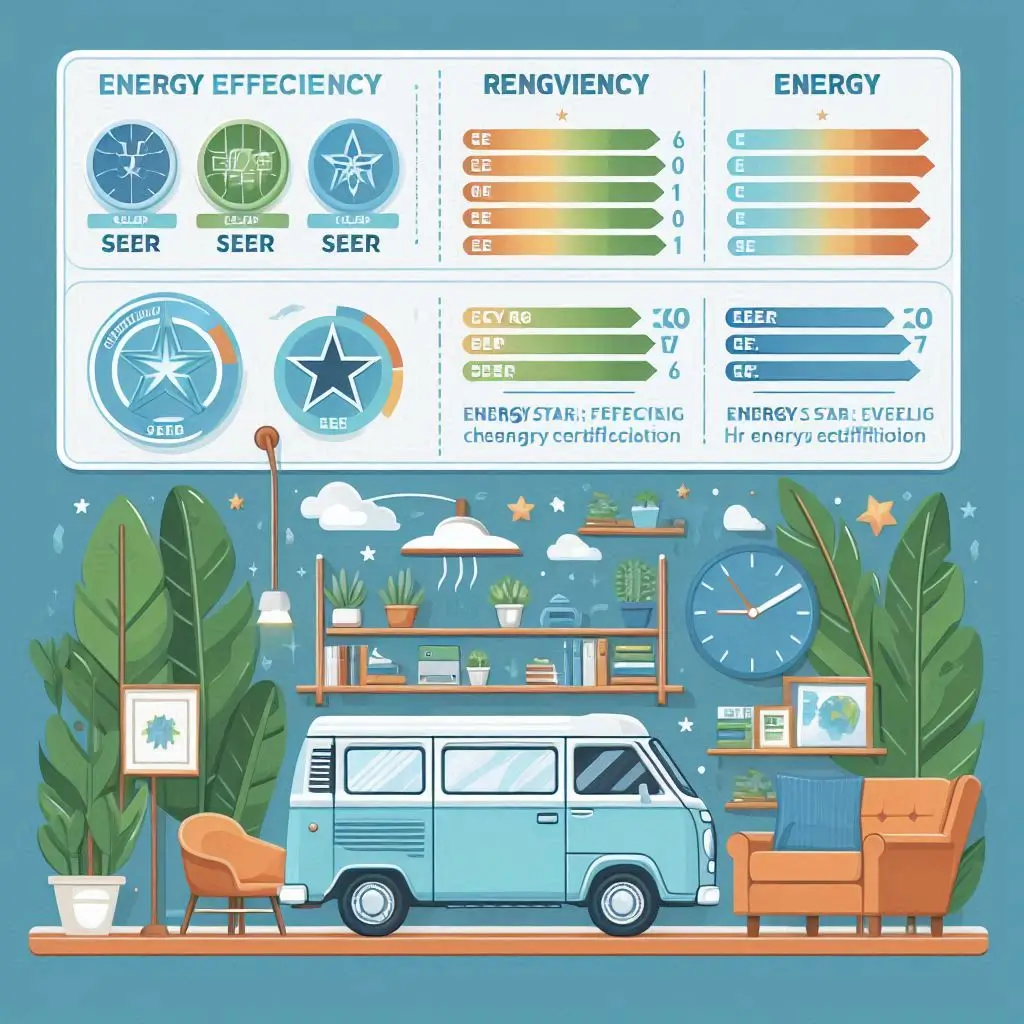 "An infographic explaining energy efficiency ratings (SEER, EER, and Energy Star certification) for air conditioners, highlighting their importance in van life."