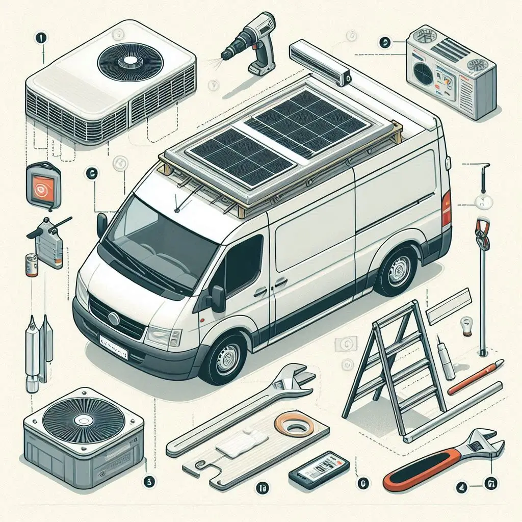 "A step-by-step visual guide showing the installation process of a rooftop air conditioner in a van, highlighting tools and materials used."