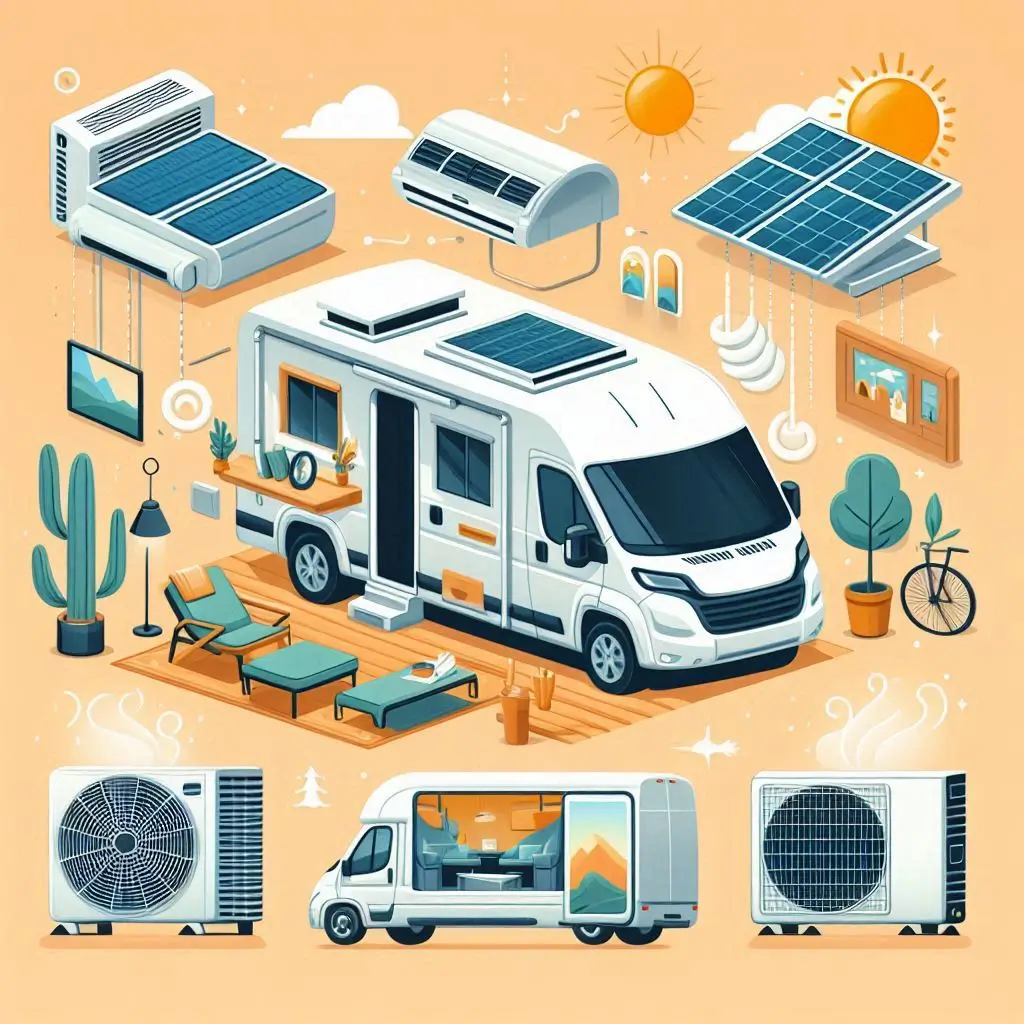 "Different types of air conditioners suitable for van life, including rooftop, portable, and ductless mini-split systems, displayed in an infographic format."