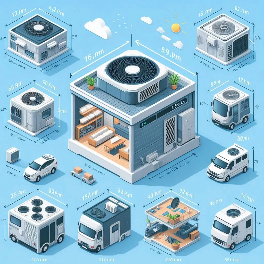 An infographic comparing the dimensions and weights of various small rooftop RV air conditioners, showcasing their space-saving advantages and highlighting their performance metrics.