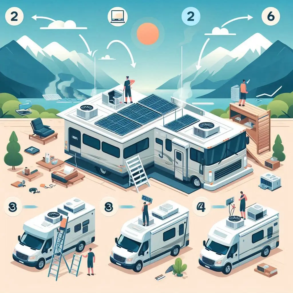 A step-by-step infographic illustrating the installation process of a rooftop RV air conditioner, showcasing each installation step with accompanying visuals for clarity.