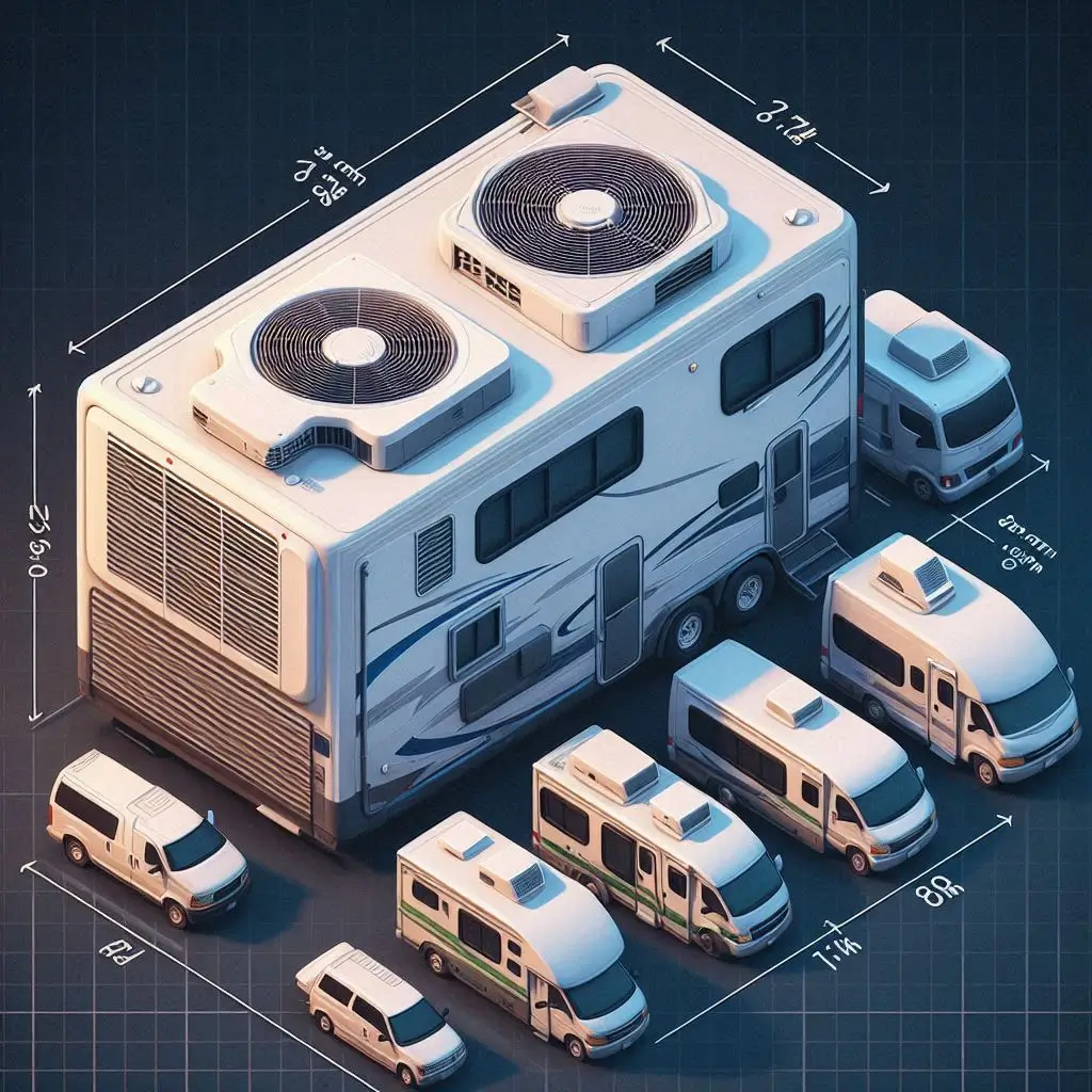 A comparison image showcasing the dimensions of various small rooftop RV air conditioners, emphasizing their compact size and design.