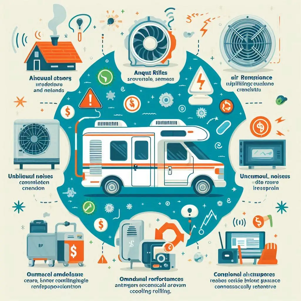 An infographic depicting signs that indicate an RV air conditioner needs professional repair, featuring icons for unusual noises, energy bills, and cooling performance.