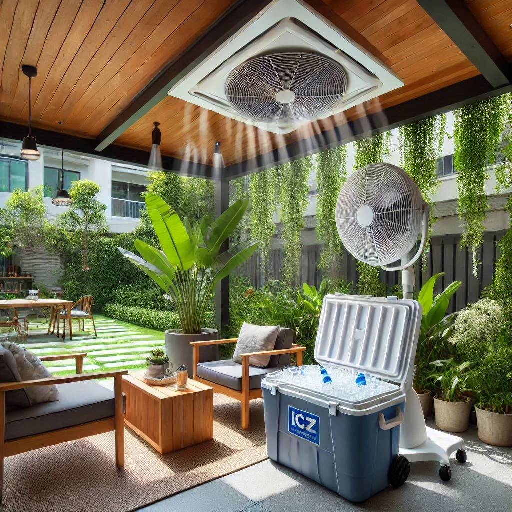 "An image of an ice chest air conditioner placed in a shaded outdoor area, with a fan directed towards an outdoor seating area."