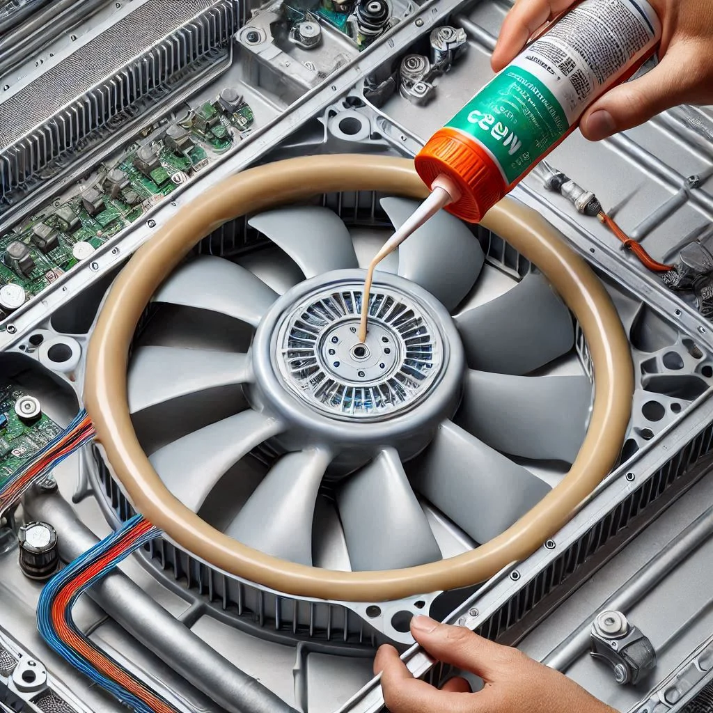 "An image showing the fan being sealed with silicone sealant, ensuring there are no gaps and preventing air leakage."