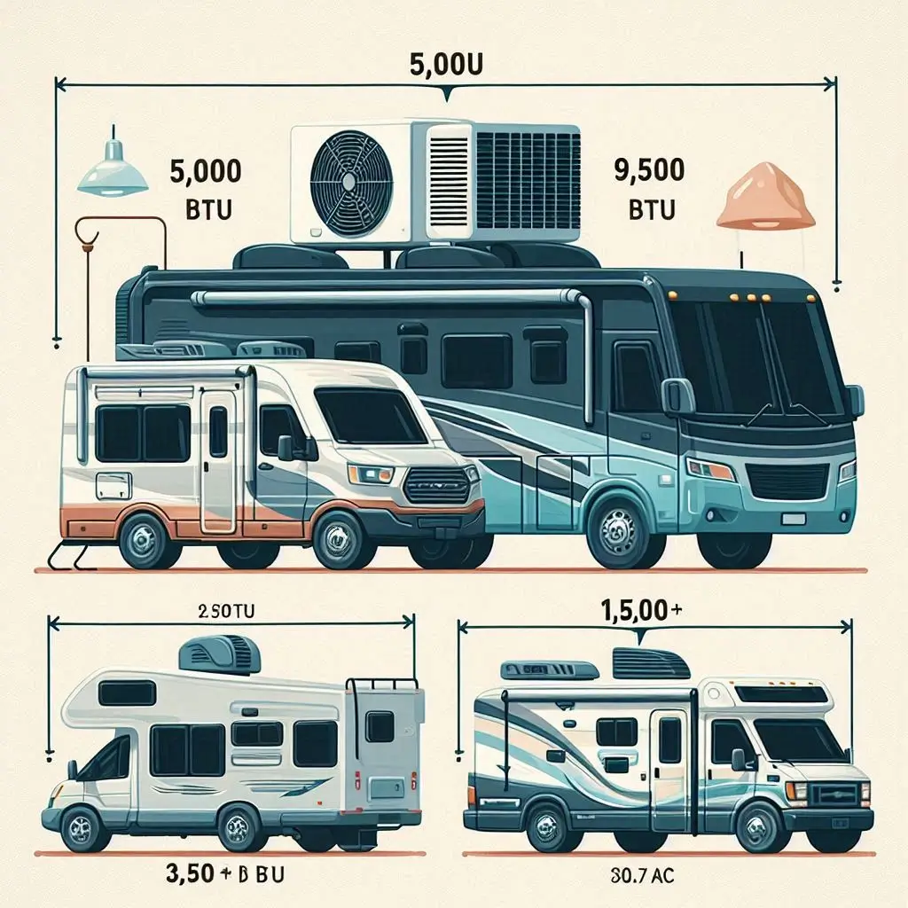 A detailed infographic showing different BTU ratings for RVs of various sizes, with a small camper van requiring a 5,000 BTU AC, a mid-sized RV needing 9,500 BTU, and a large motorhome with a 13,500+ BTU unit.