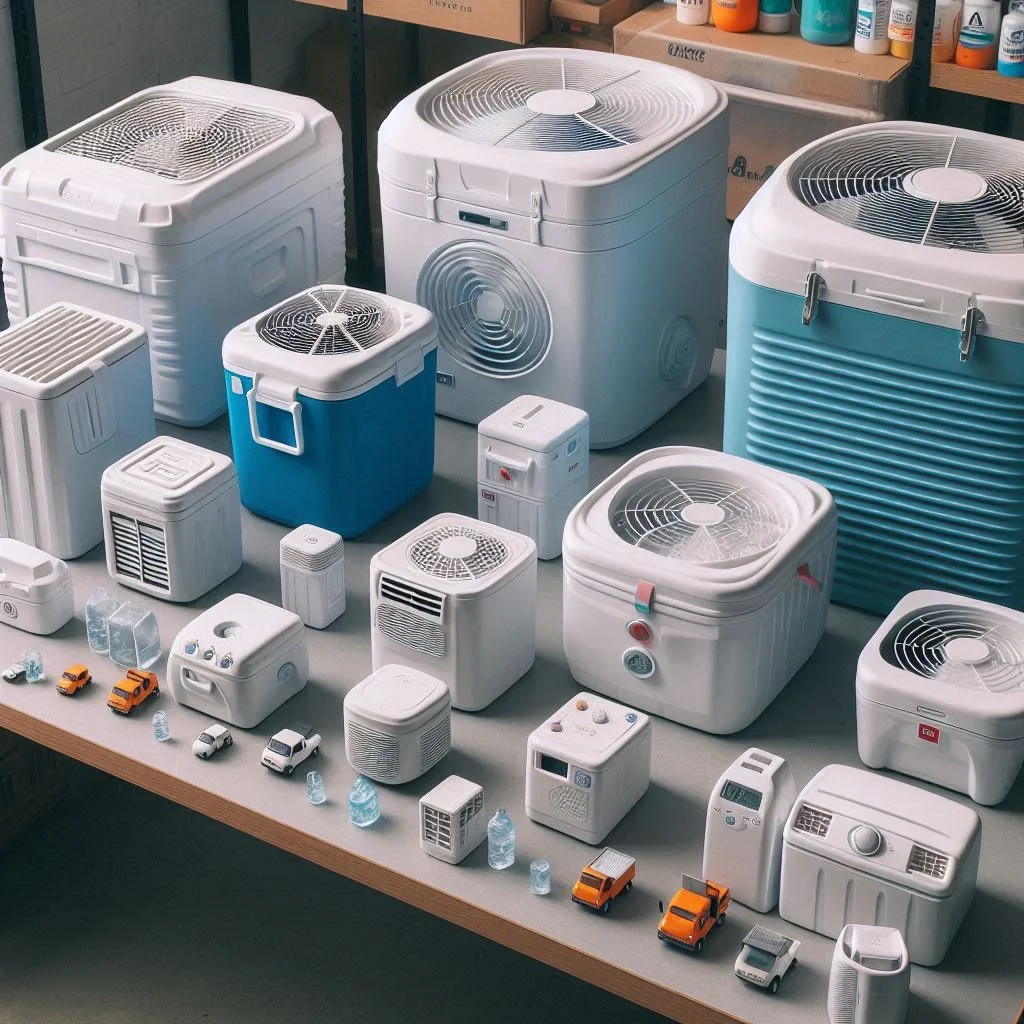 "A variety of ice chests placed on a table, showing different sizes to choose from for the DIY air conditioner project."