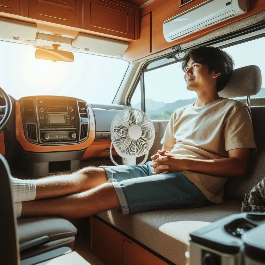 "A person enjoying a comfortable van interior with an air conditioner running, highlighting the improved comfort and enjoyment of van life."