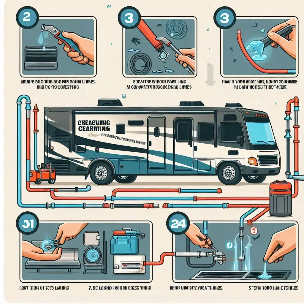 A step-by-step infographic illustrating the process of checking and cleaning RV air conditioner drain lines, with visuals for each step.