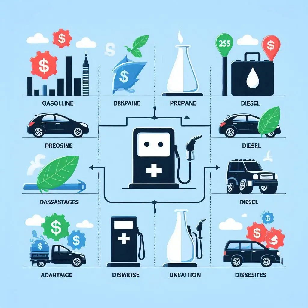 A comparison chart of different fuel types (gasoline, propane, diesel) highlighting their advantages, disadvantages, and cost implications.