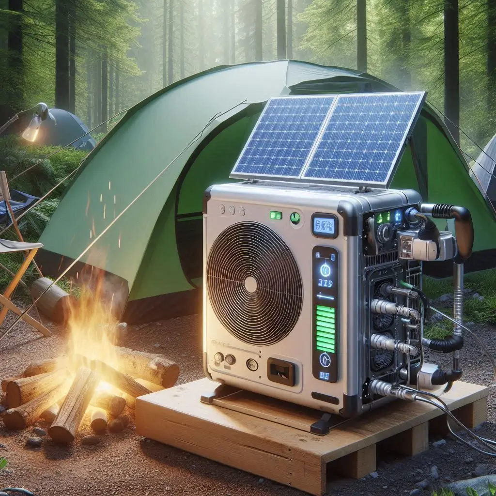 An image of a battery-powered portable air conditioner in use at a remote campsite, illustrating its functionality without access to traditional power sources.