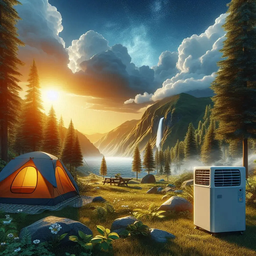 A scenic campsite with a small portable air conditioner set up next to a tent, showcasing the blend of nature and technology.