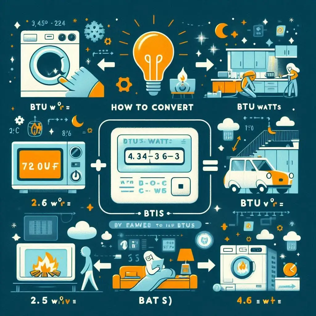 An infographic illustrating how to convert BTUs to watts, including a formula and examples for different BTU ratings.