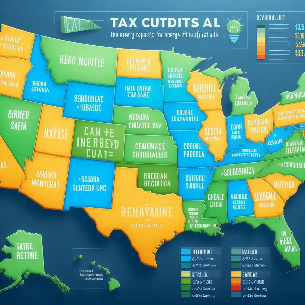 A map of the United States highlighting states that offer tax credits and rebates for energy-efficient HVAC systems, with brief descriptions of the programs available in each state.