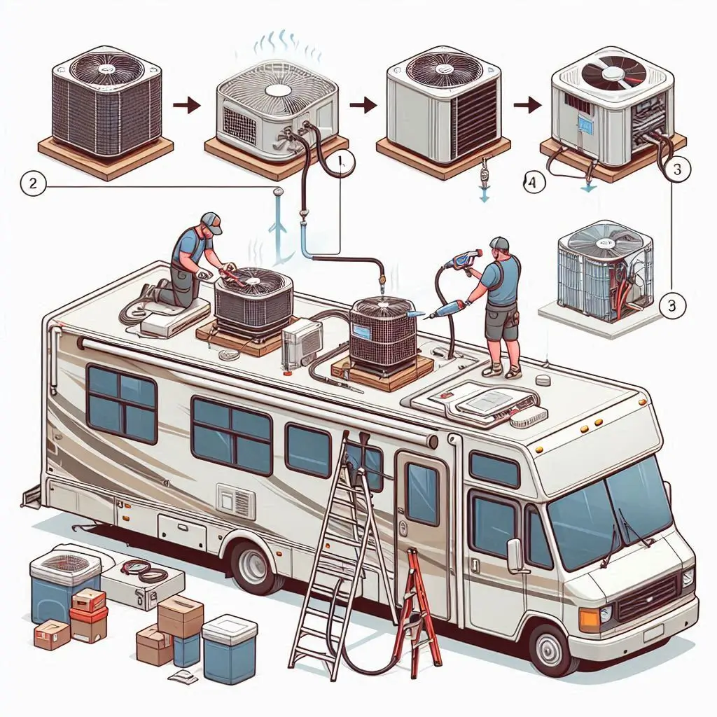 A step-by-step illustration of a small RV AC installation process, showing a lightweight unit being mounted on an RV rooftop with labeled components.