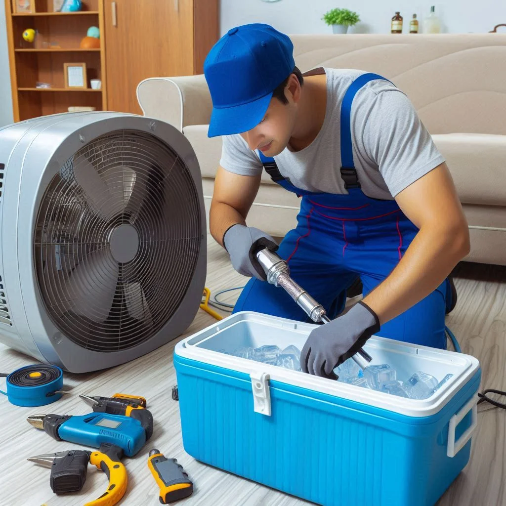 "An image showing a person sealing around the fan and checking the ice chest for air leaks to fix cooling issues."