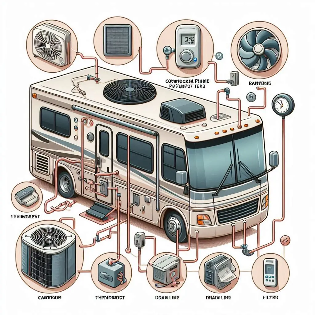 A visual diagram of an RV AC unit with callouts identifying common problem areas such as the thermostat, fan, drain line, and filter.