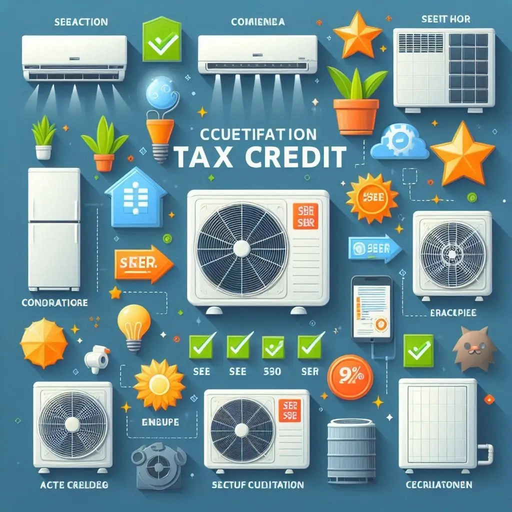 An infographic highlighting different types of air conditioners that qualify for tax credits, including SEER ratings and examples of each type.