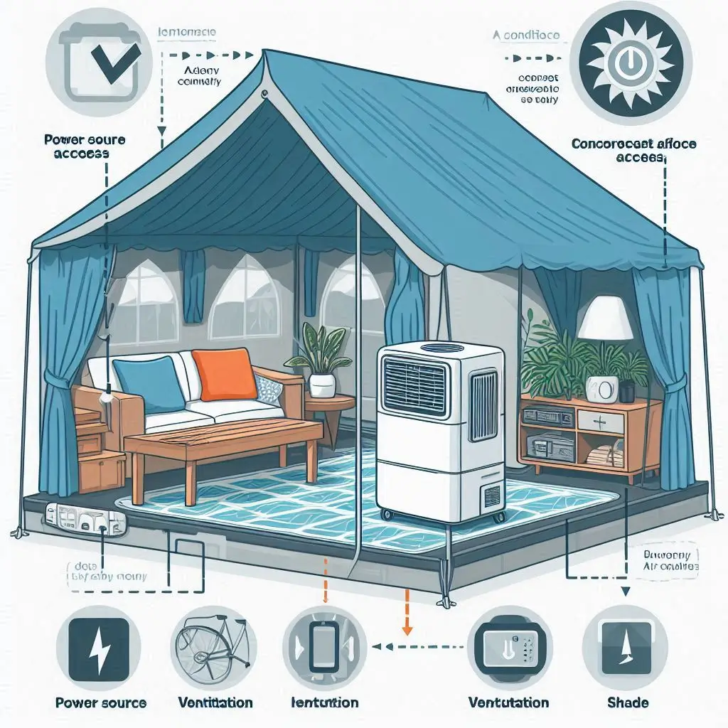 A diagram showing the optimal placement of a portable air conditioner in a tent, highlighting power source access, ventilation, and shade.