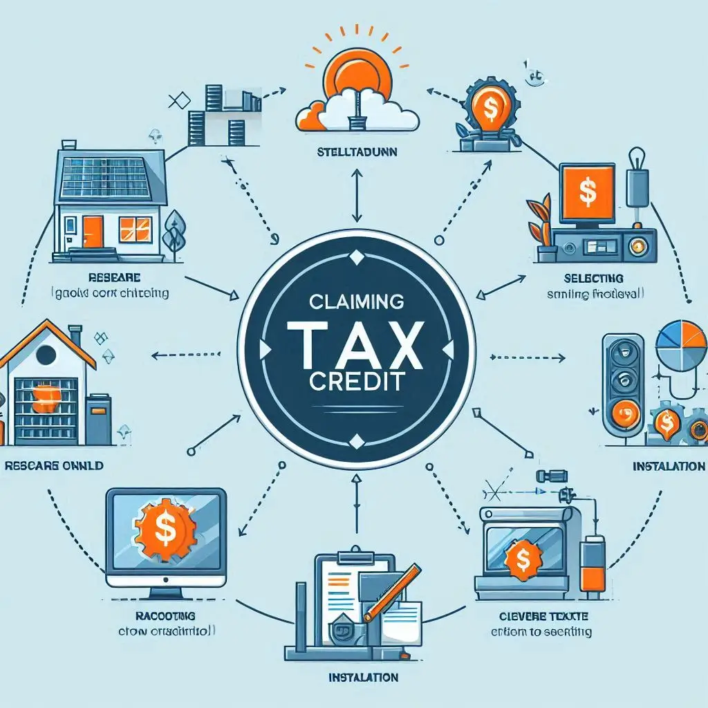 An infographic depicting the step-by-step process for claiming tax credits, with icons representing each step, such as researching, selecting a unit, installation, and filing taxes.