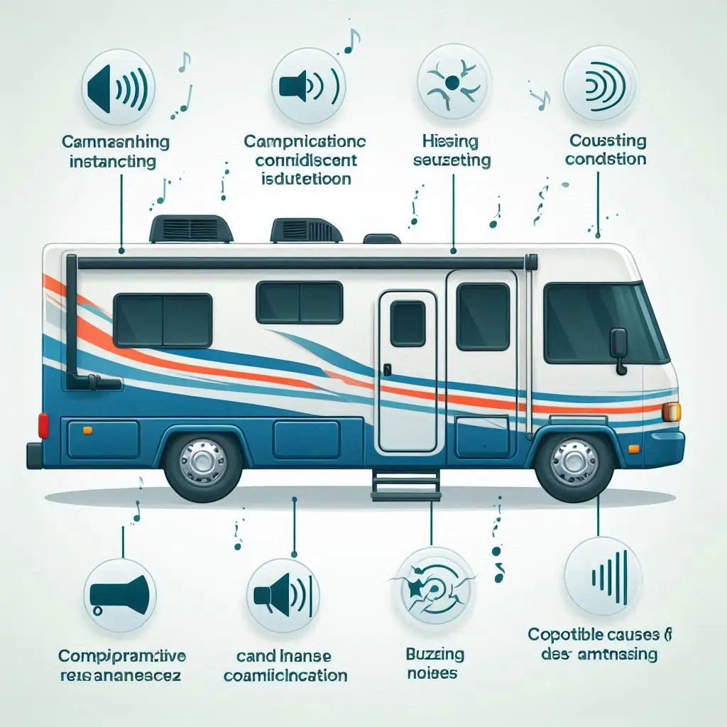 A visual representation showing an RV air conditioner with sound indicators (e.g., hissing, buzzing) and possible causes of these noises.