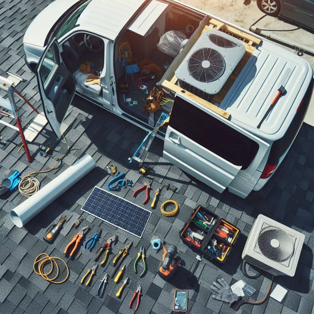 "A van roof being prepped for the installation of a rooftop air conditioner, showing the tools and materials needed, with a focus on the chosen location and electrical readiness."