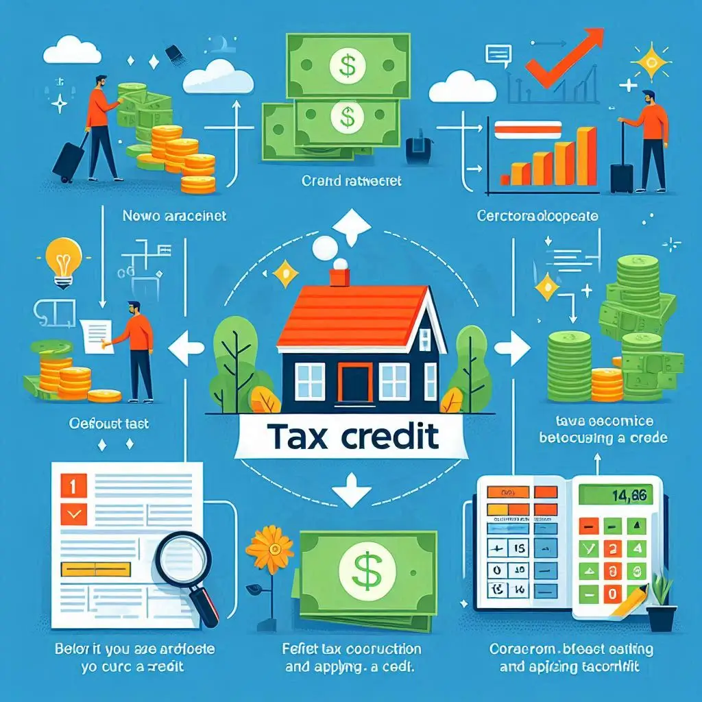An infographic illustrating how tax credits reduce tax liability, featuring a step-by-step example of tax calculations before and after applying a credit.
