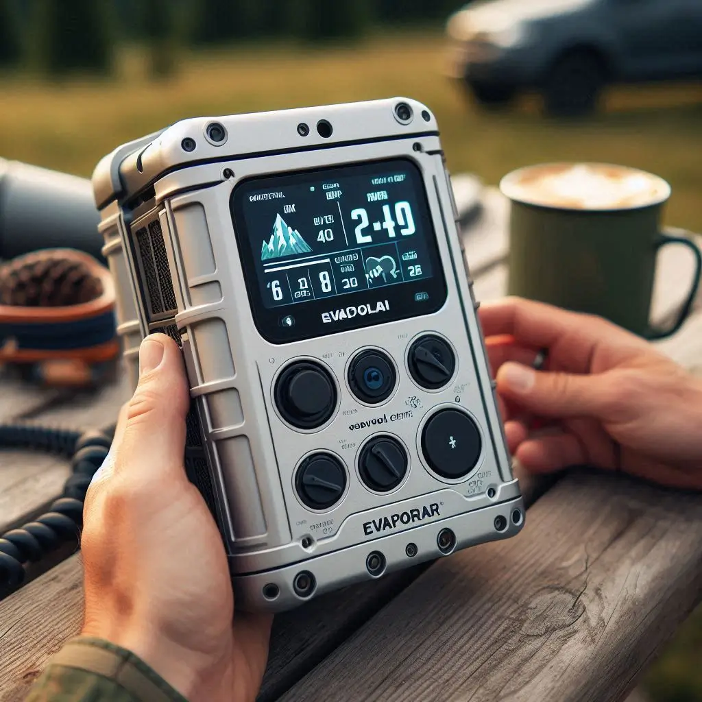 A close-up of the Evapolar evaCHILL set up on a camping table, highlighting its compact size and user-friendly interface.