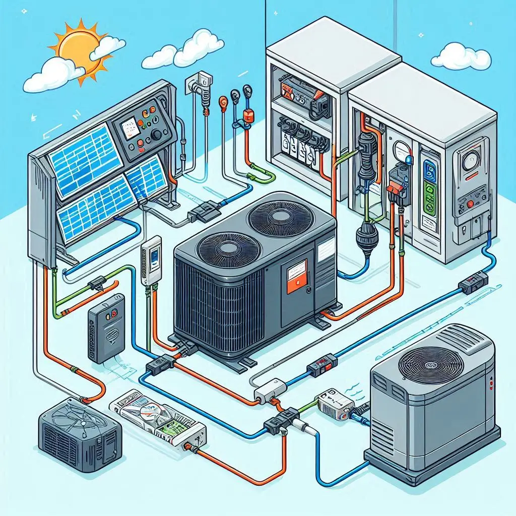 A detailed illustration showing the proper setup of a transfer switch and generator connection to an air conditioning unit.
