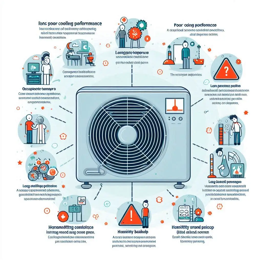 An infographic depicting signs of poor cooling performance, such as inconsistent temperatures, long cooling cycles, and humidity buildup, with explanations for each issue.