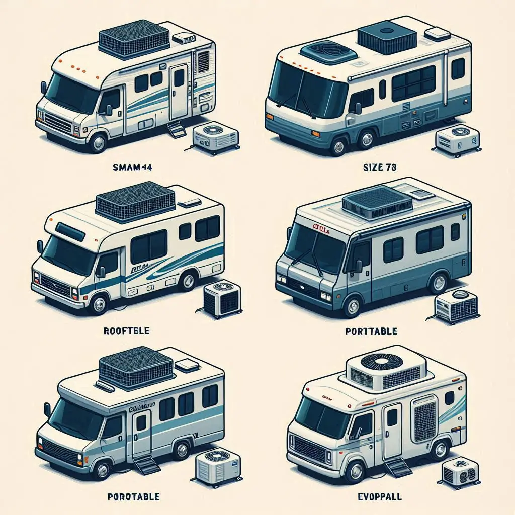A side-by-side comparison image of different small RV air conditioners, including rooftop, portable, and evaporative models. Each unit should be labeled with size and BTU capacity, designed in a visually appealing comparison format.